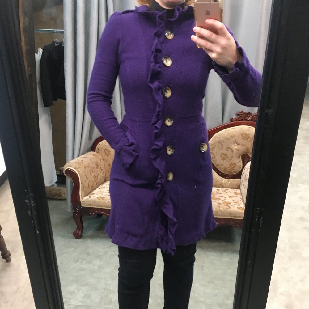 LUII Wool Purple Ruffle Front Jacket Coat Sweater